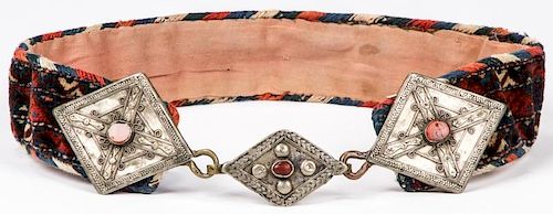 19th C. Tekke Turkmen Silver/Jeweled Belt w. Weaving
