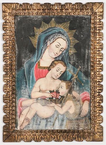 Cuzco School Painting: Madonna w. Child & St. John