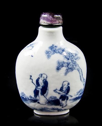 A Blue and White Porcelain Snuff Bottle, Height 2 11/16 inches.