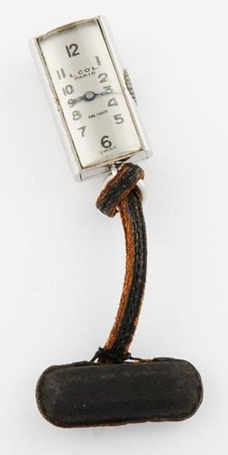 Nickel Silver Watch Pin on Leather Cord marked Juvenia
