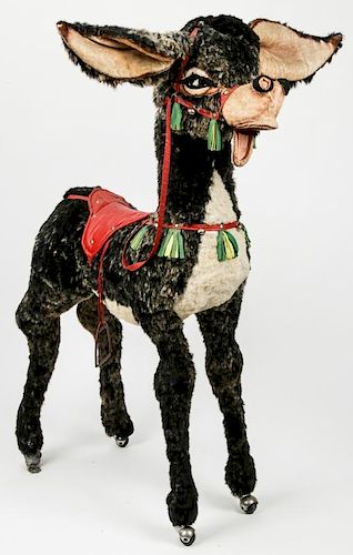 Giant Vintage Donkey Stuffed Animal on Rollers: 51"