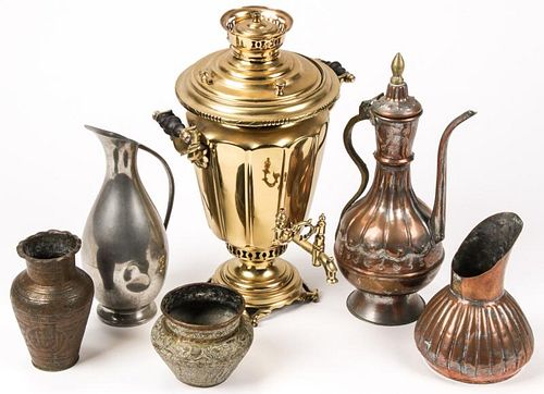 Russian Samovar & Copper/Pewter Vessels  (6 pc)