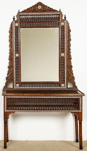 Old Syrian Wood and Inlay Mirror and Side Table