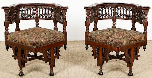 Pair of Old Syrian Wood and Inlay Round Back Chairs