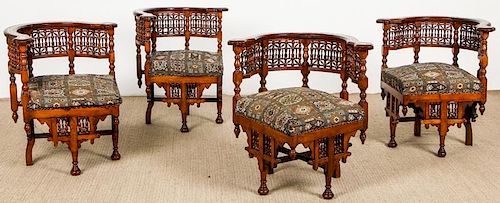 Set of 4 Old Syrian Wood and Inlay Round Back Chairs