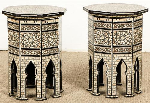 Pair of Old Syrian Octagonal Wood and Inlay Side Tables
