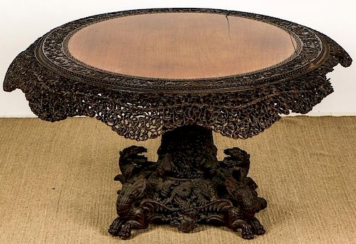 Antique Chinese Heavily Carved Round Table