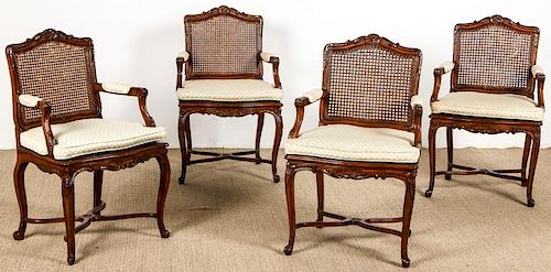 4 Louis XVI Style Carved Wood Cane Back Armchairs