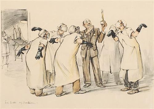 Two French Satirical Medical-Themed Framed Prints, Gaston Hoffman (1883-1960), Height 17 3/4 x width 21 1/4 inches.