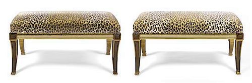 A Pair of Regency Style Leopard Upholstered Window Benches, Height 17 1/4 x width 35 1/4 x depth 17 1/4 inches.
