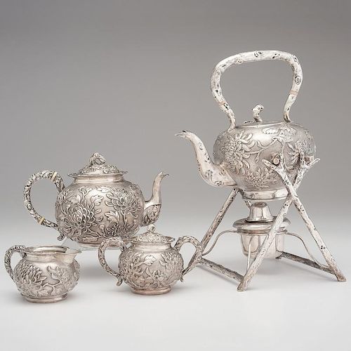 Chinese Export Silver Tea Service, Caddy and Shaker by Hung Chong and Bowl by Cumshing