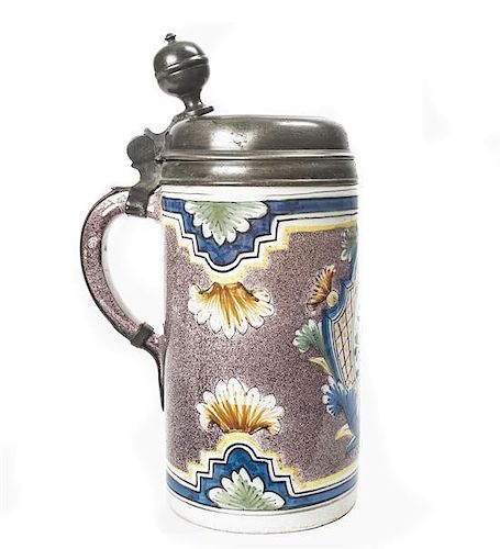 A Faience and Pewter Stein, Height 9 7/8 inches.