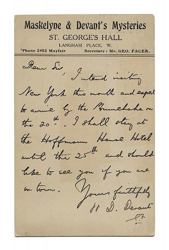 David Devant Dictated Postcard to John W. Sargent.