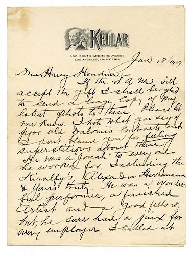 Autograph Letter Signed, “Kellar,” to Harry Houdini.