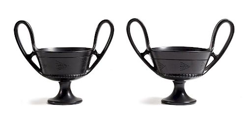 A Pair of Italian Black-Fired Footed Bowls Height 8 x width 9 1/2 inches.