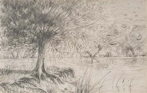A Framed Pencil Sketch of a Marsh Landscape, Height 11 1/2 x width 13 1/2 inches.