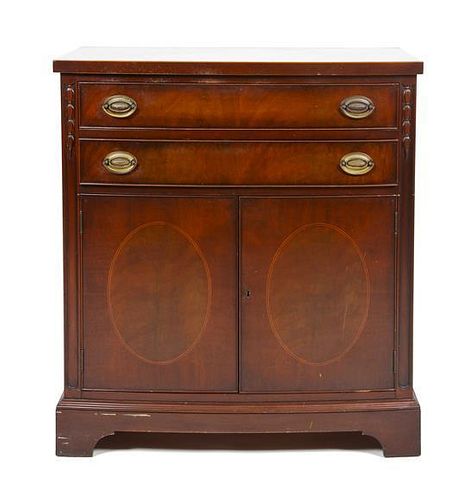 An American Federal Style Mahogany and Inlay Side Cabinet, Height 34 1/4 x width 31 x depth 17 5/8 inches.