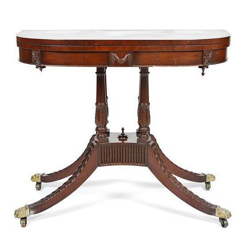 A Federal Style Mahogany Game Table, Height 29 1/2 x width 36 x depth 17 3/4 inches (closed).