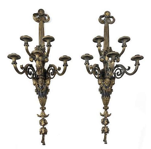 A Pair of Neoclassical Gilt Bronze Five-Light Sconces, Height 43 1/2 inches.