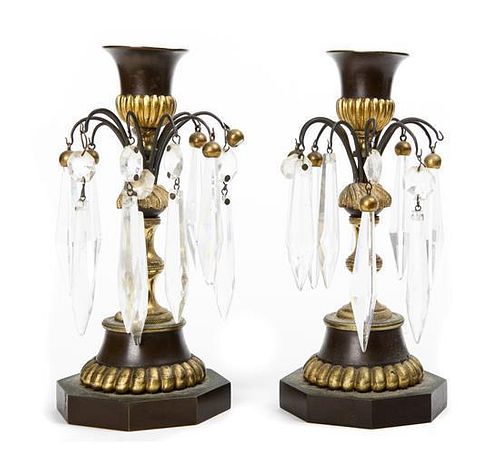 A Pair of Continental Cut Glass and Gilt Bronze Girandoles, Height 7 inches.