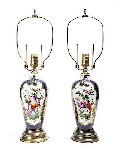A Pair of Sevres Style Lamps, Height 21 1/4 inches.
