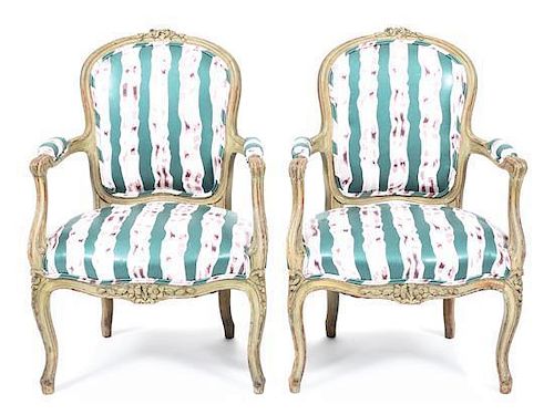 A Pair of Louis XV Style Painted Fauteuil, Height 35 inches.
