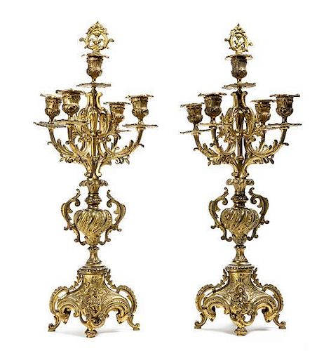 A Pair of Louis XV Style Gilt Bronze Five-Light Candelabra, Height 21 3/4 inches.