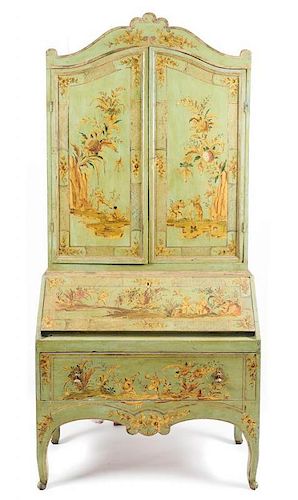 A French Provincial Chinoiserie Painted Secretary Bookcase, Height 86 x width 39 1/2 x depth 17 1/4 inches.