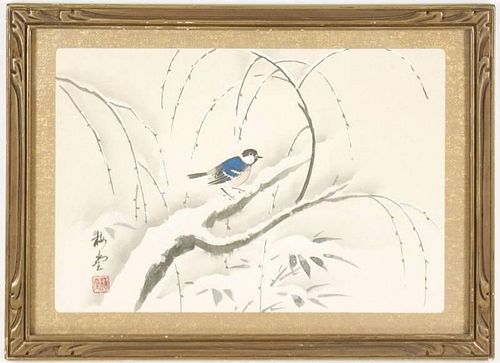 Japanese Painting on Silk of Bird in Wintery Scene