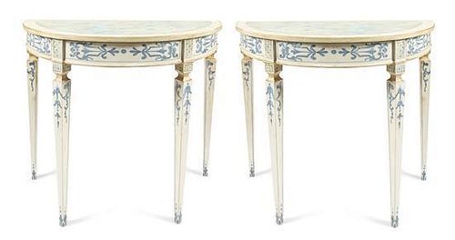 A Pair of Continental Painted Console Tables, Height 34 1/2 x width 39 1/2 x depth 19 3/4 inches.