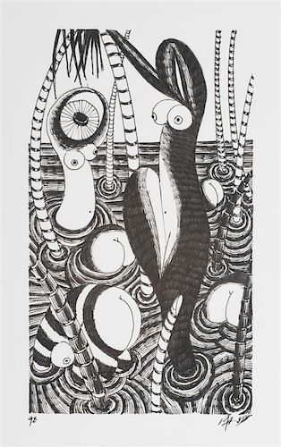 A Whimsical Abstract Ink Drawing, Height 11 3/4 x width 8 inches.
