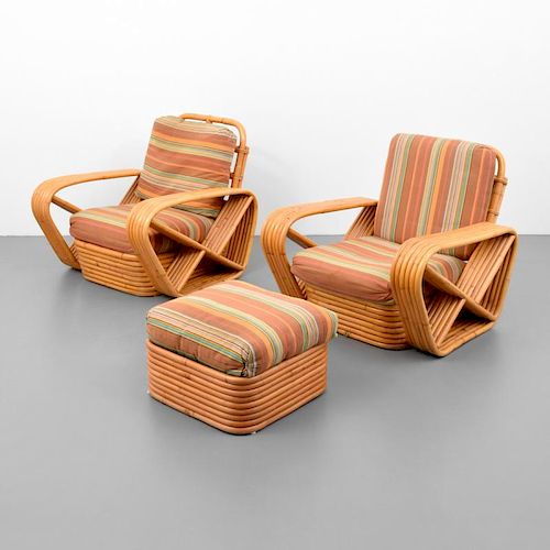 Rattan Lounge Chairs & Ottoman, Manner of Paul Frankl
