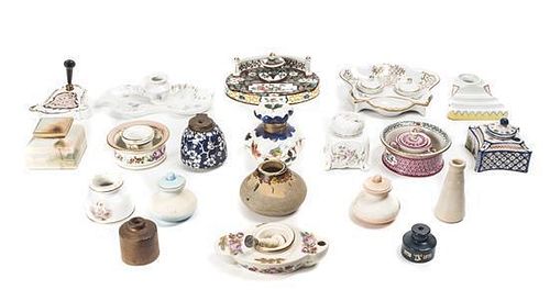 A Group of Twenty Porcelain and Stoneware Inkwells, Length of longest 8 3/4 inches.