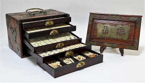 Chinese Carved Bone Huanghuali Box Mahjong Set