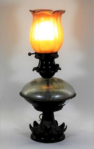 American Brass Mounted Iridescent Art Glass Lamp