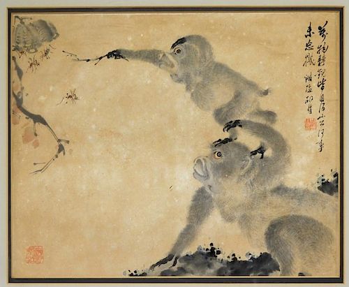 Chinese Calligraphic WC Painting of Two Monkeys
