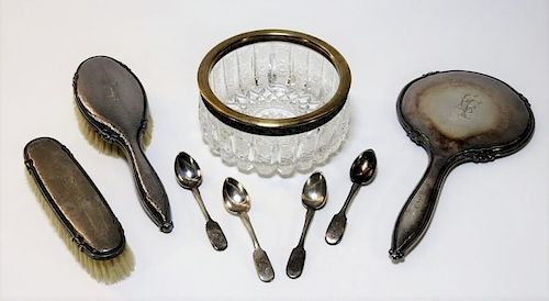 Russian Silver Spoon Vanity & Glass Bowl Group