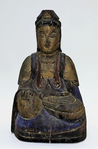 Chinese Carved Polychrome Wood Seated Buddha