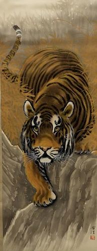 Japanese Silk Tiger in Landscape Scroll Painting