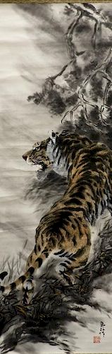 Japanese Tiger in Landscape Paper Scroll Painting