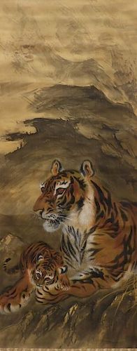 Japanese Silk Scroll Painting of a Tiger & Cub