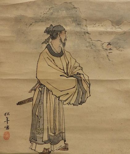 Japanese Paper Scroll Painting of a Samurai