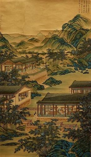 19C. Chinese Village Landscape Scroll Painting