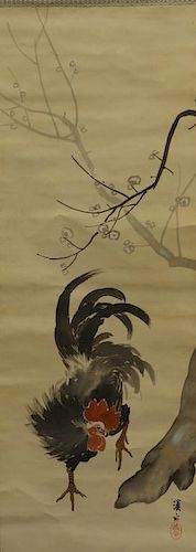Japanese Silk Scroll Painting of a Rooster