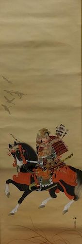 Japanese Samurai on Horseback Silk Scroll Painting