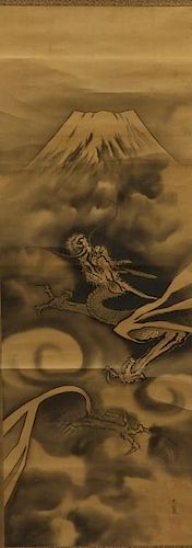 Japanese Silk Scroll Painting of Mt. Fuji & Dragon