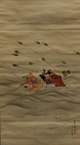 Japanese Samurai on Horseback Scroll Painting