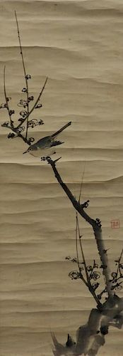 Japanese Sparrow Plum Tree Paper Scroll Painting