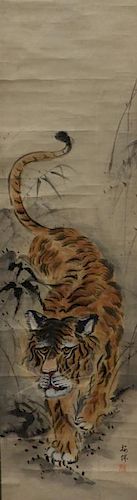 Japanese Paper Scroll Painting of a Tiger