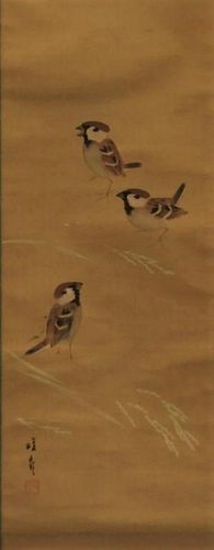 Japanese Silk Scroll Painting of 3 Sparrows